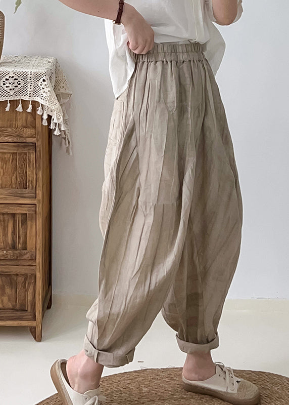 Khaki Tie Dye Linen Harem Pants Oversized Wrinkled Fall