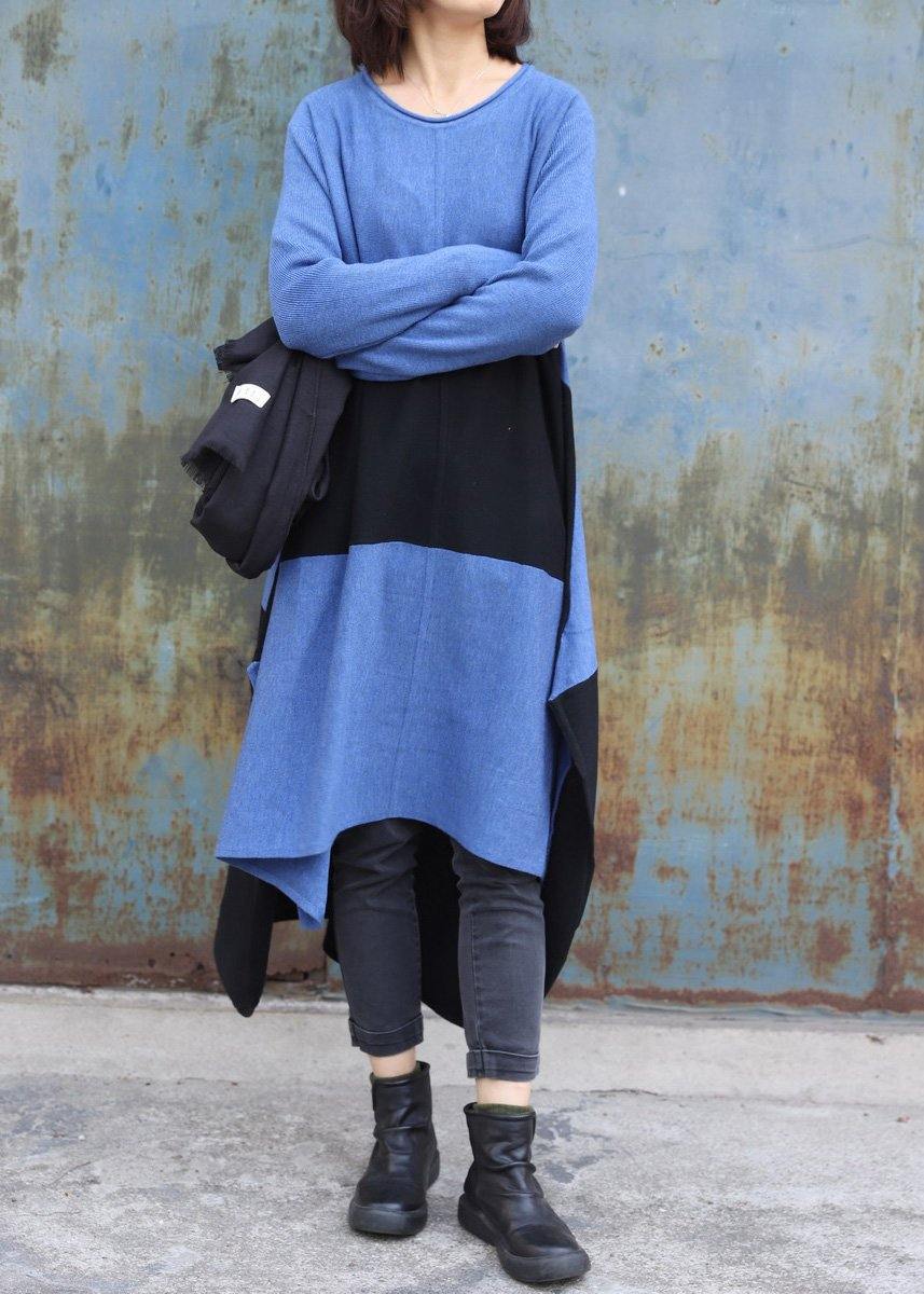 Knitted blue Sweater dress outfit DIY side open baggy low high design knit dress