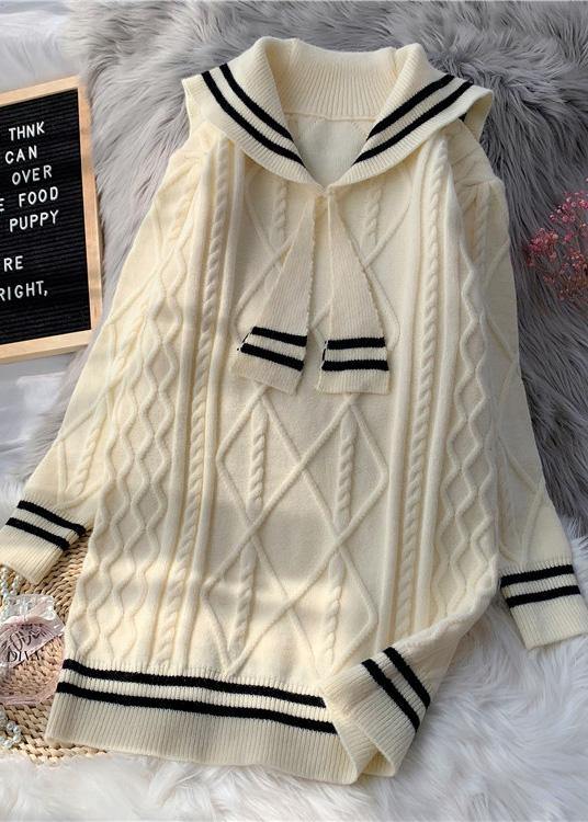 Knitted high neck patchwork Sweater fall dresses plus size beige daily sweater dresses