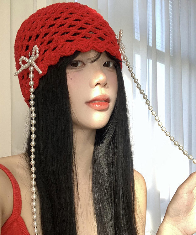 Korean Style Red Nail Bead Bow Hollow Out Boonie Hat