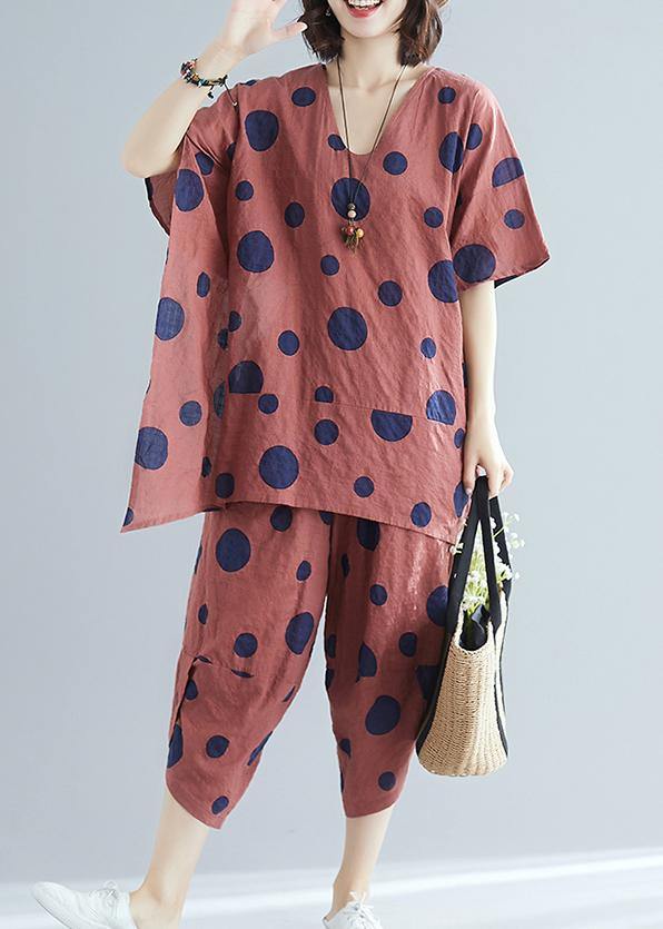 Korean version of cotton and linen women's brown dot print top + casual wide leg pants suit