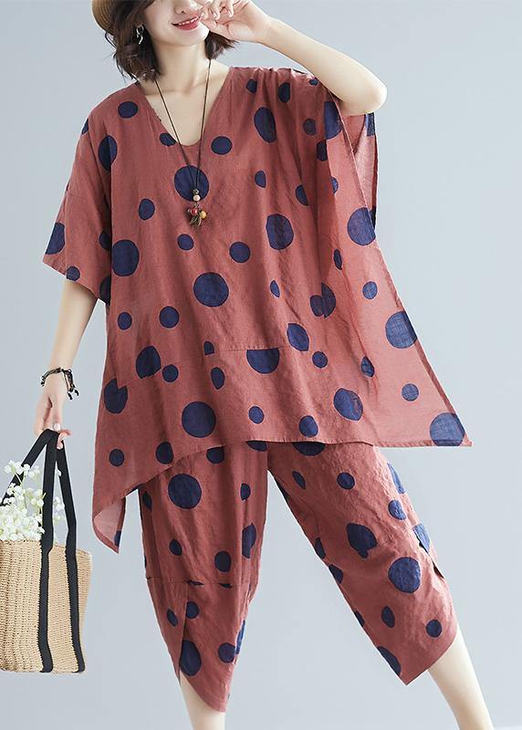 Korean version of cotton and linen women's brown dot print top + casual wide leg pants suit