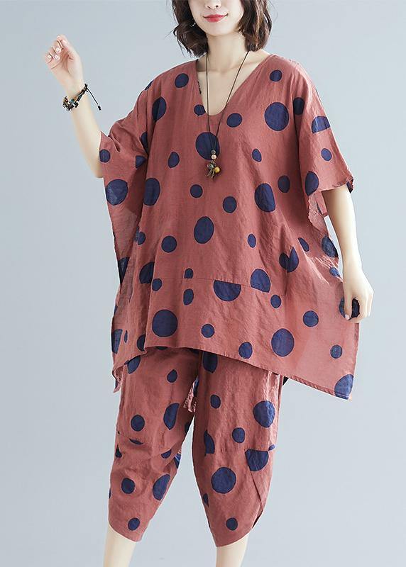 Korean version of cotton and linen women's brown dot print top + casual wide leg pants suit