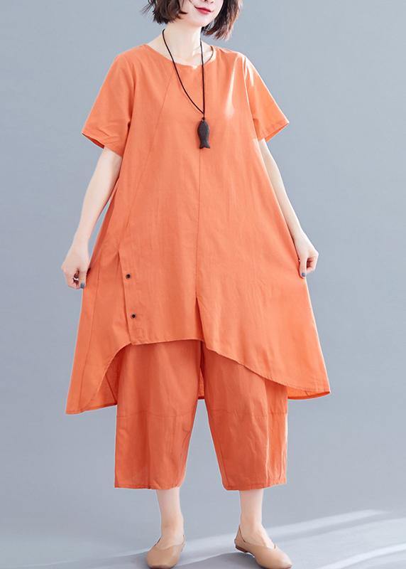 Korean version of the loose large size orange women's irregular tops + pants casual cotton and linen