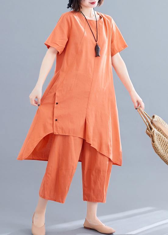 Korean version of the loose large size orange women's irregular tops + pants casual cotton and linen