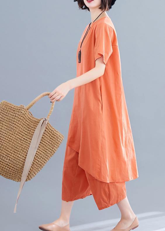 Korean version of the loose large size orange women's irregular tops + pants casual cotton and linen