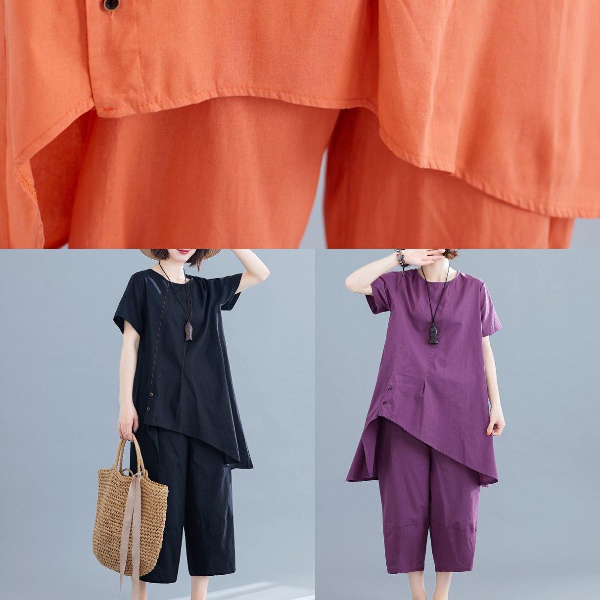 Korean version of the loose large size orange women's irregular tops + pants casual cotton and linen