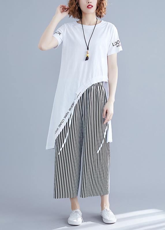 Korean women's short-sleeved T-shirt casual striped wide-leg pants suit