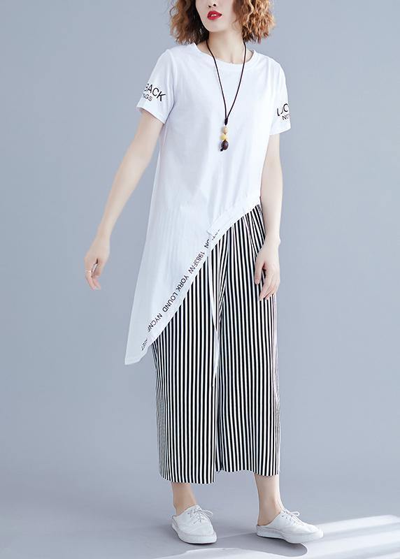 Korean women's short-sleeved T-shirt casual striped wide-leg pants suit