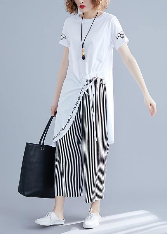 Korean women's short-sleeved T-shirt casual striped wide-leg pants suit