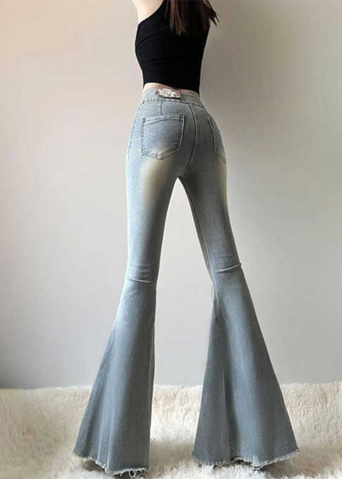 Light Blue Denim Bell-bottom Trousers Pants Tummy Control Spring