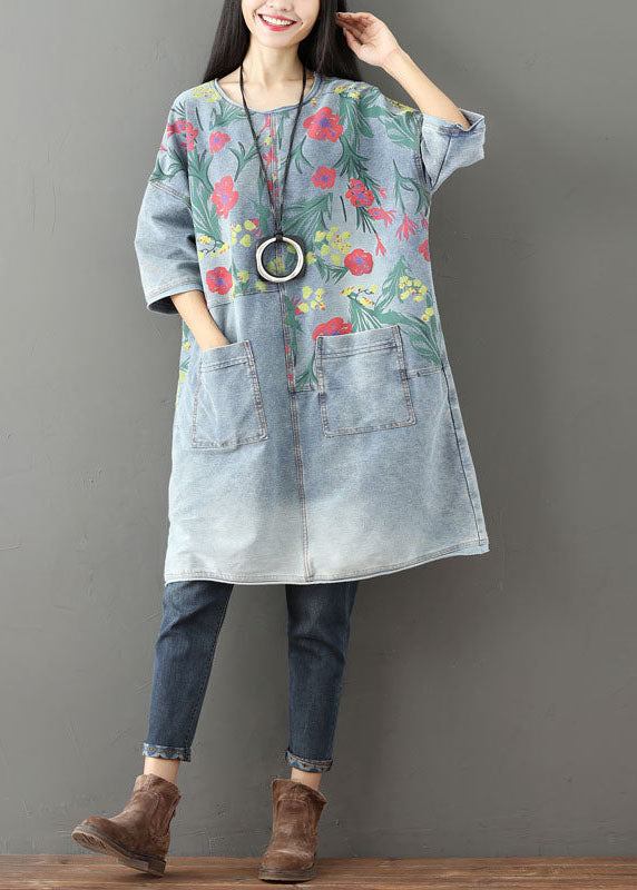 Light Blue Pockets Print Denim Mid Dress O Neck Summer