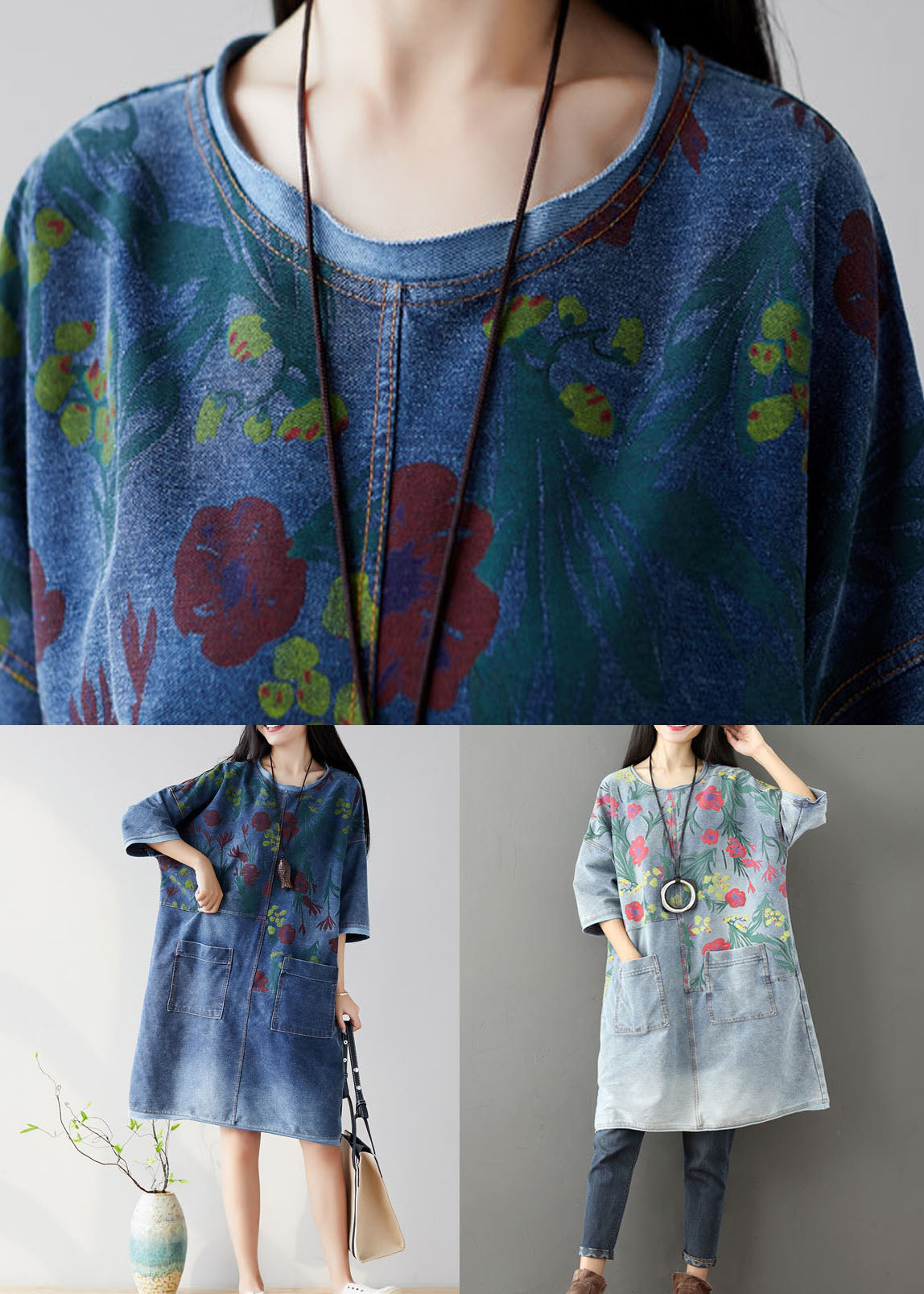 Light Blue Pockets Print Denim Mid Dress O Neck Summer