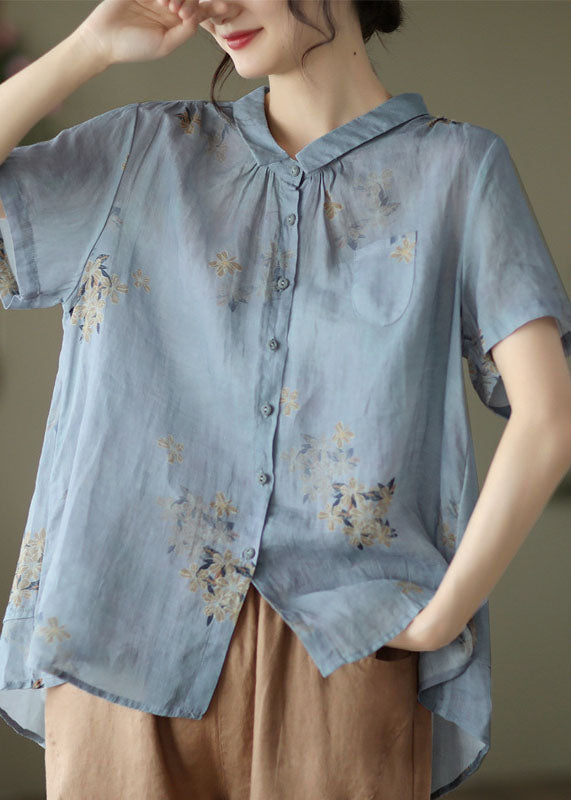 Light Blue Print Linen Blouses Patchwork Pocket Short Sleeve