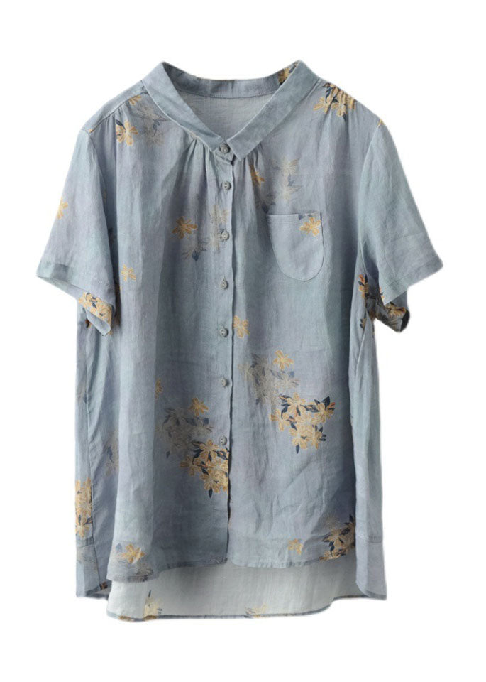 Light Blue Print Linen Blouses Patchwork Pocket Short Sleeve