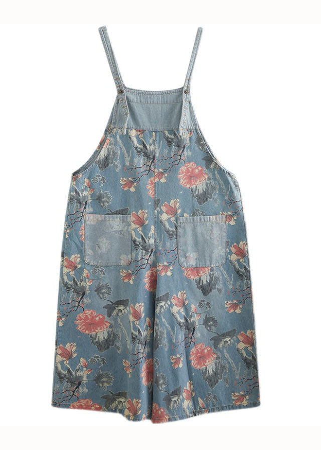 Light Blue Print Patchwork Denim Jumpsuit Pockets Summer