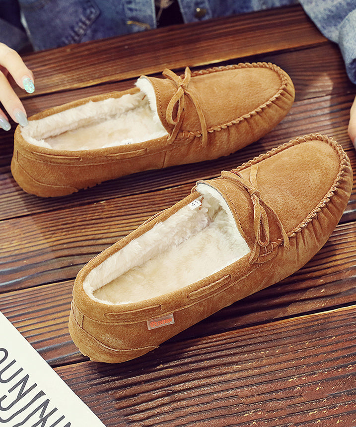 Light Brown Penny Loafers Splicing Fuzzy Wool Lined