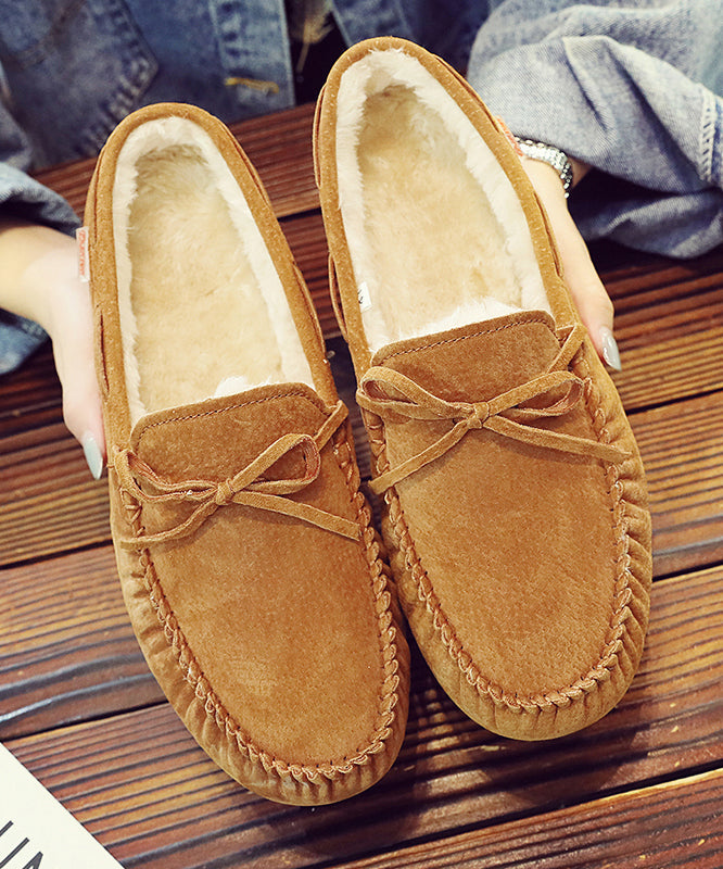 Light Brown Penny Loafers Splicing Fuzzy Wool Lined