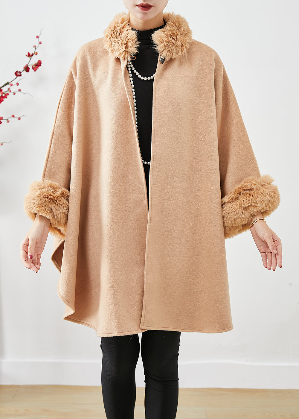 Light Camel Woolen Trench Oversized Fur Collar Batwing Sleeve