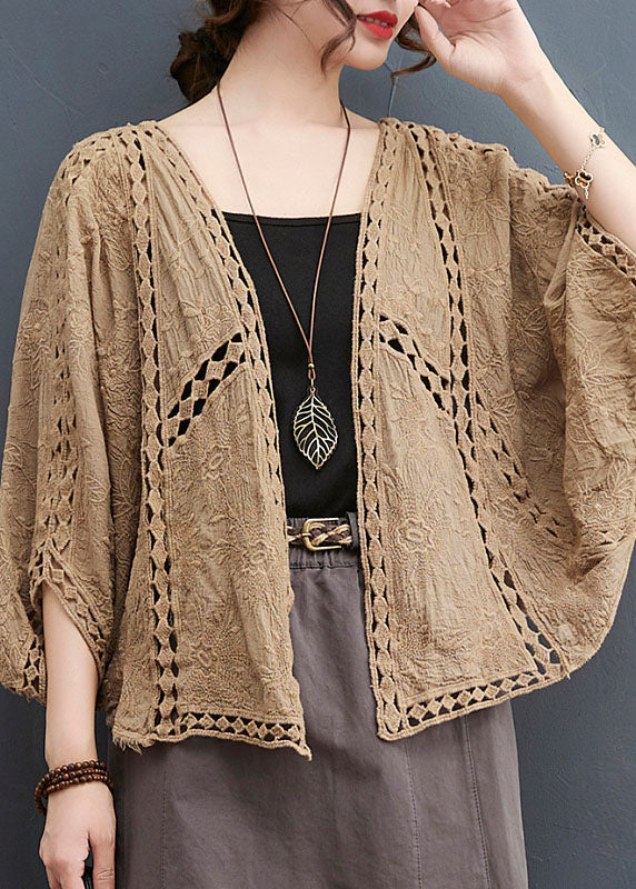 Light Khaki Loose Cardigan Hollow Out Batwing Sleeve