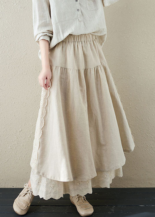 Linen Color Patchwork Linen Fake Two Piece Skirts Wrinkled Embroideried Summer