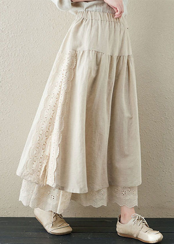 Linen Color Patchwork Linen Fake Two Piece Skirts Wrinkled Embroideried Summer