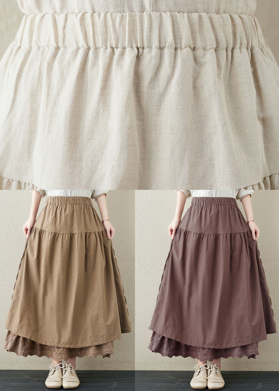 Linen Color Patchwork Linen Fake Two Piece Skirts Wrinkled Embroideried Summer