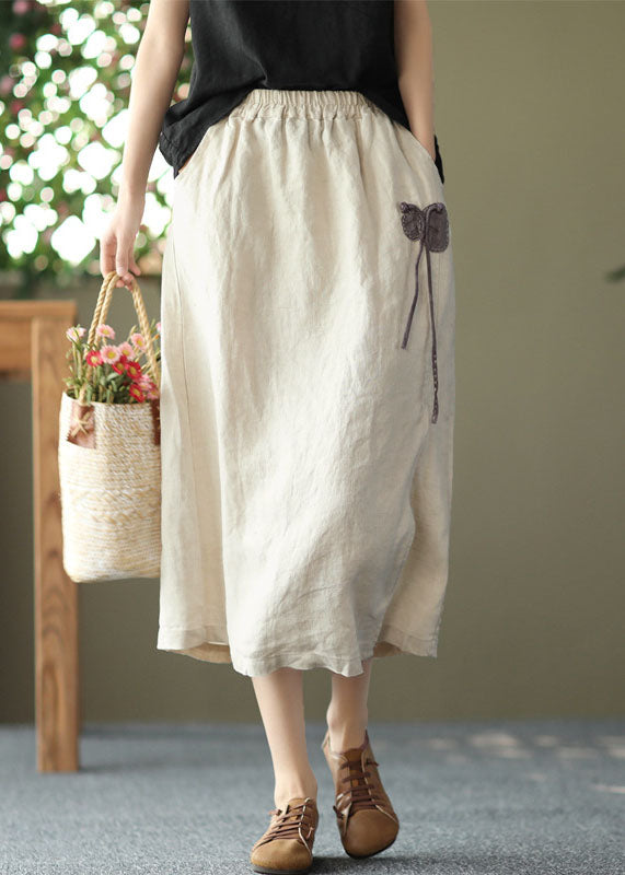 Linen Color Pockets Linen Skirts Side Open Oriental Button Summer