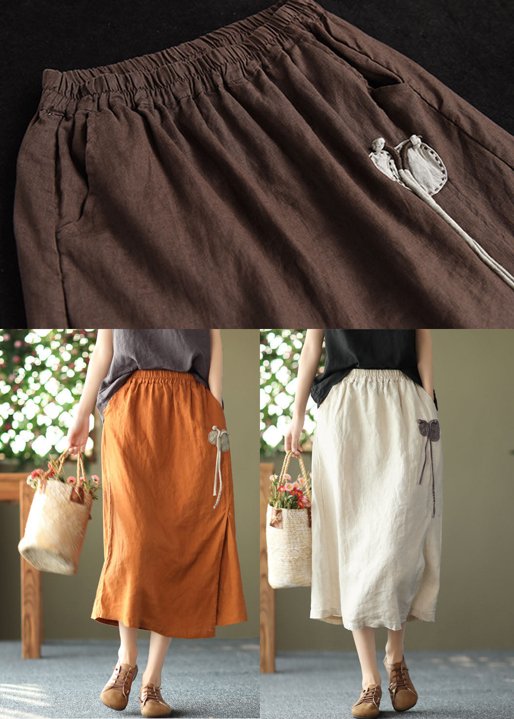 Linen Color Pockets Linen Skirts Side Open Oriental Button Summer