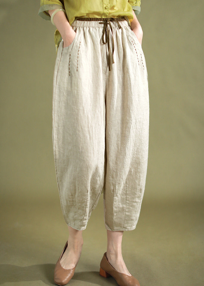 Linen Lace Up Linen Harem Pants Elastic Waist Summer