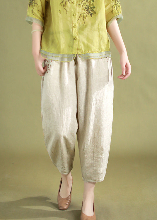 Linen Lace Up Linen Harem Pants Elastic Waist Summer