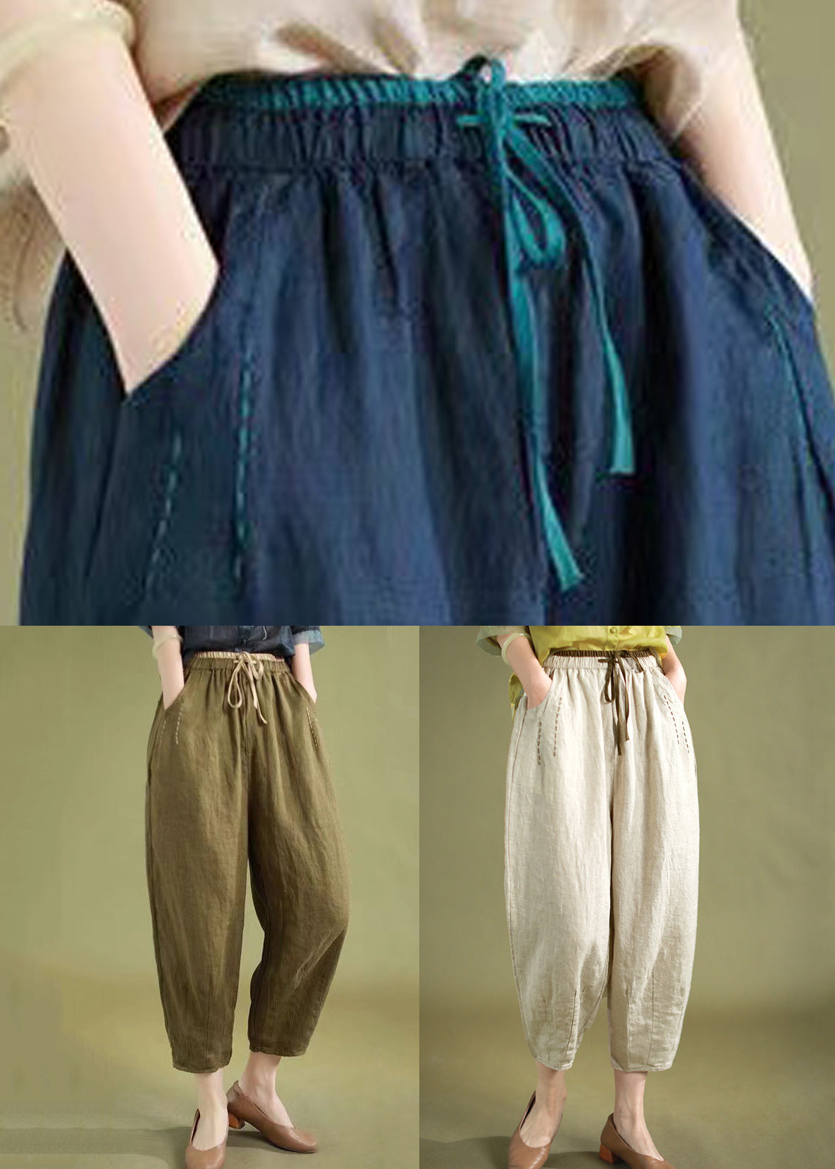 Linen Lace Up Linen Harem Pants Elastic Waist Summer