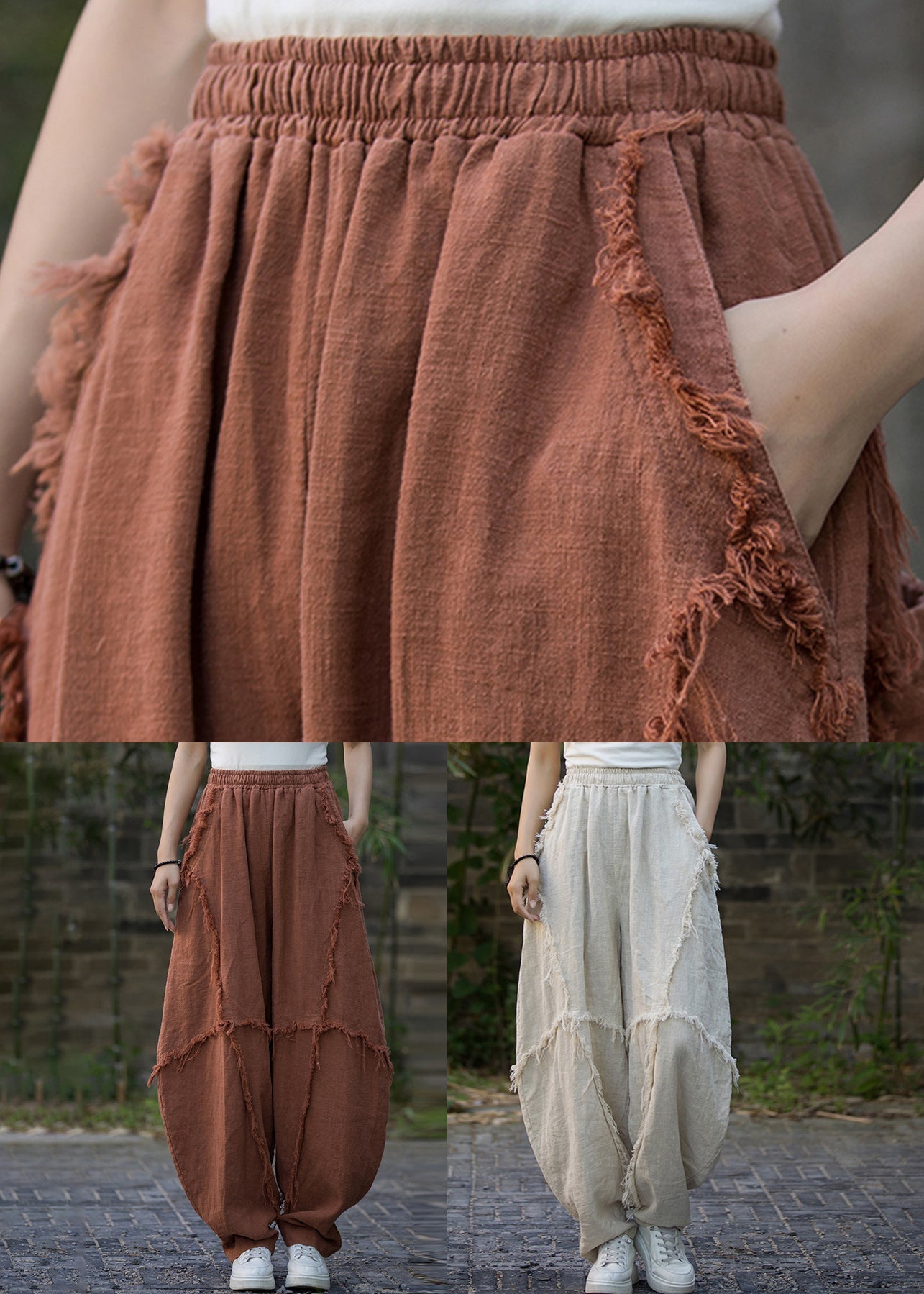 Linen Solid Pockets Linen Lantern Pants Elastic Waist