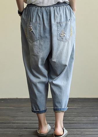 Literary loose loose white casual stitching hole denim cropped harem pants