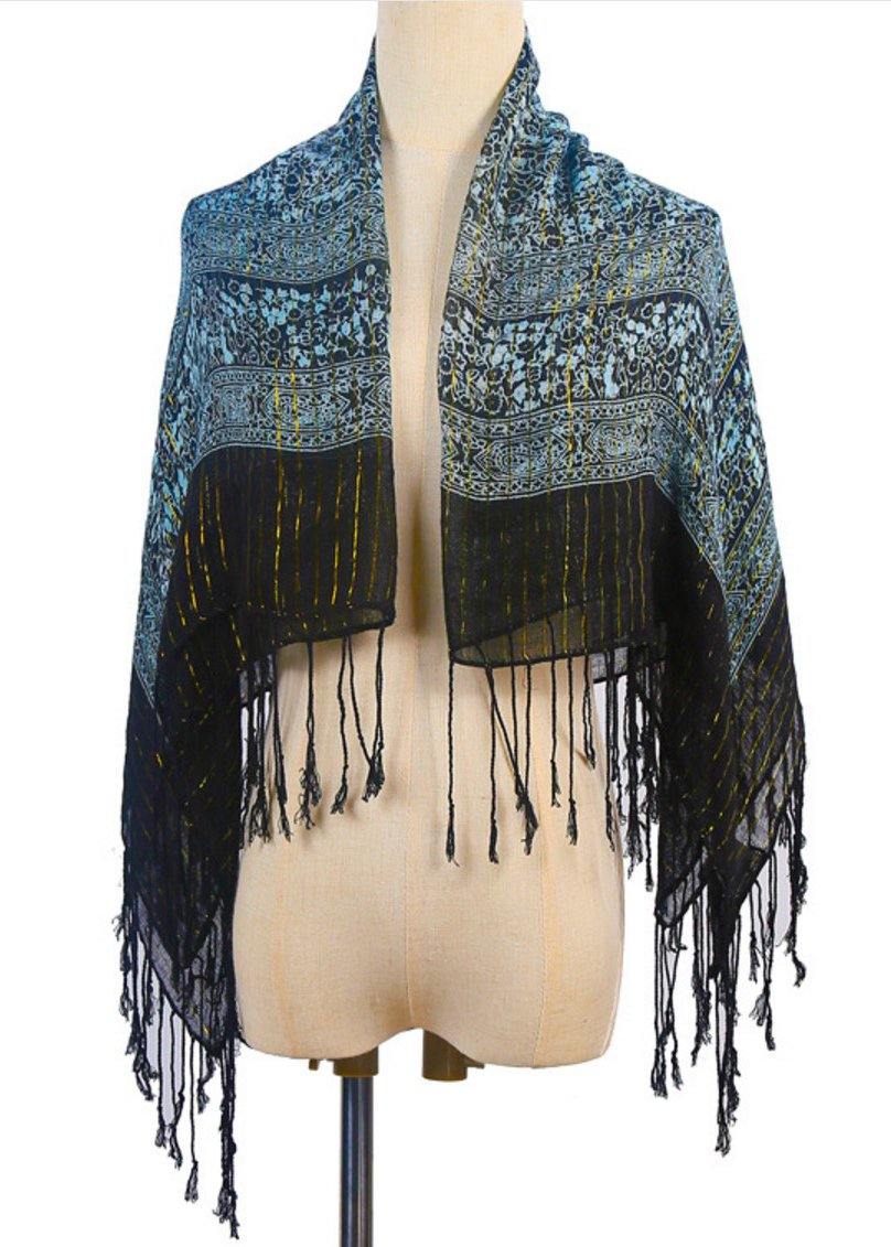 Literary new green retro gold silk scarf winter woven fringed thin windproof warm silk scarf