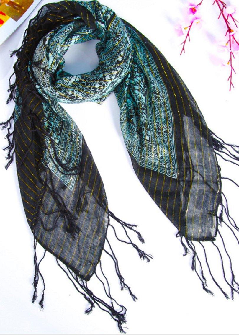 Literary new green retro gold silk scarf winter woven fringed thin windproof warm silk scarf