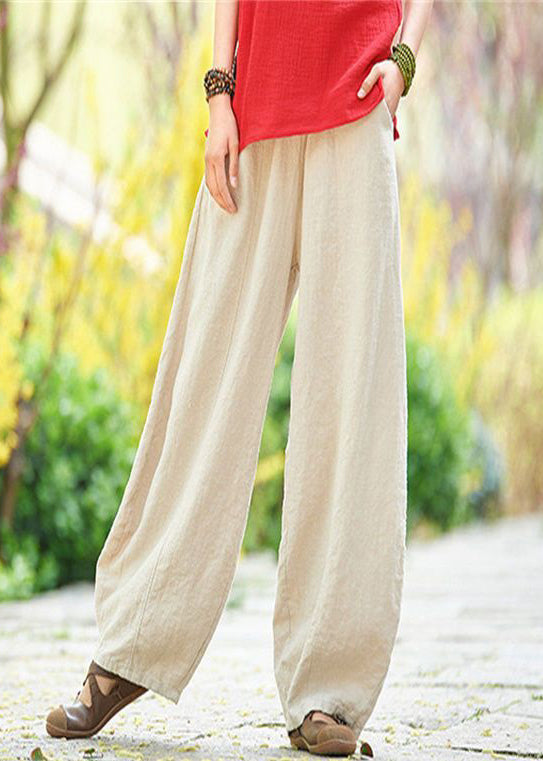 Loose Apricot Pockets Elastic Waist Linen Pants Summer