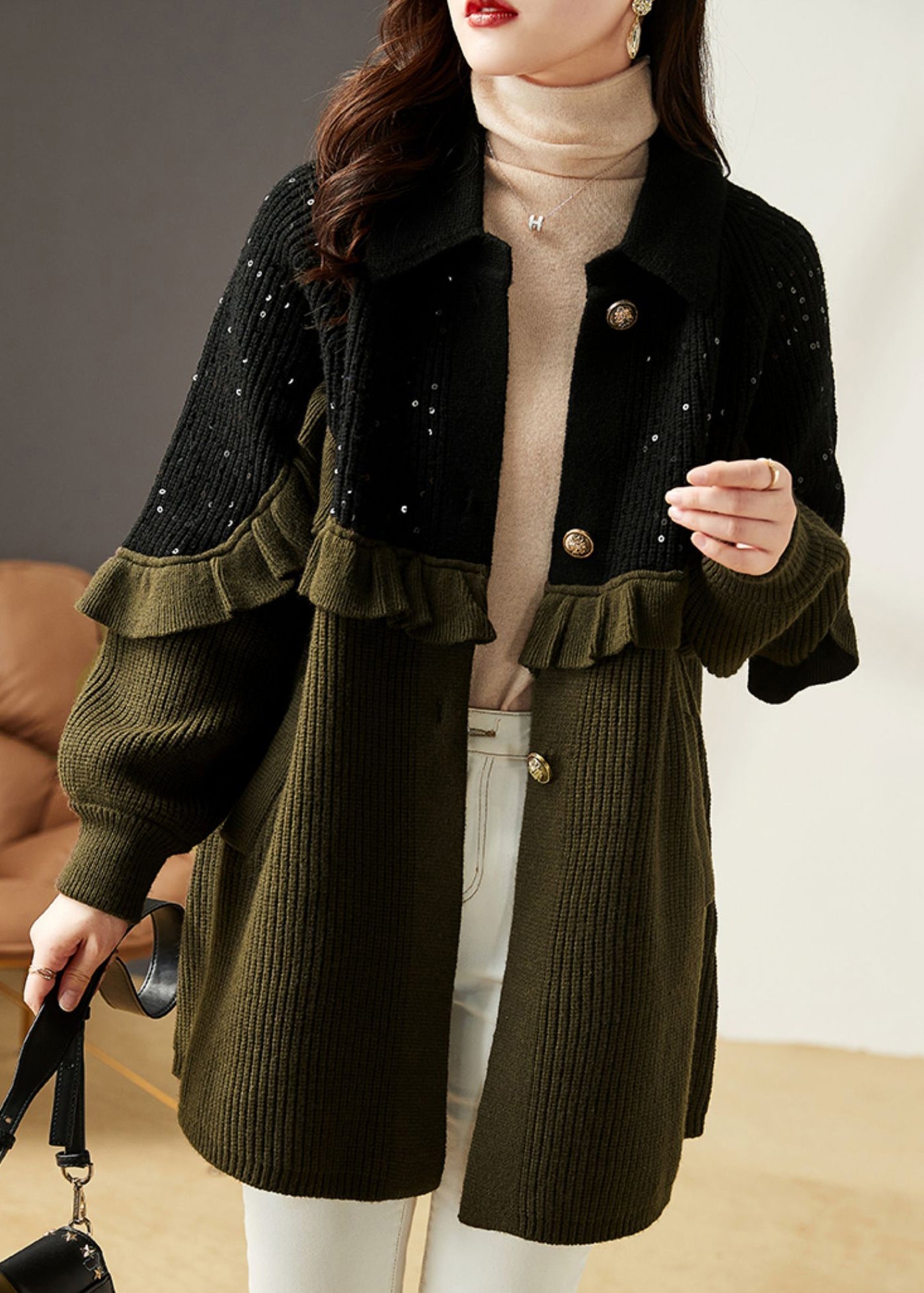 Loose Army Green Ruffled Sequins Patchwork Knit Coats Fall