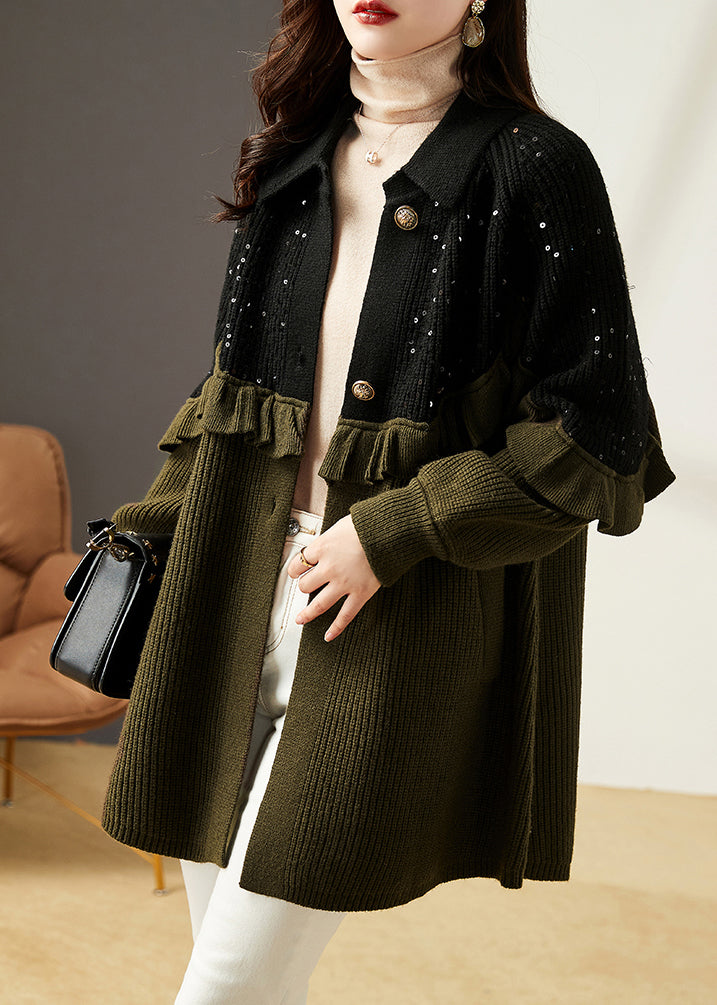 Loose Army Green Ruffled Sequins Patchwork Knit Coats Fall