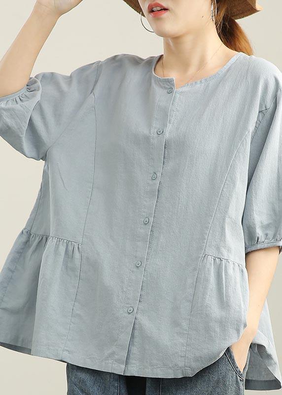 Loose Baby blue Button Linen Top Summer