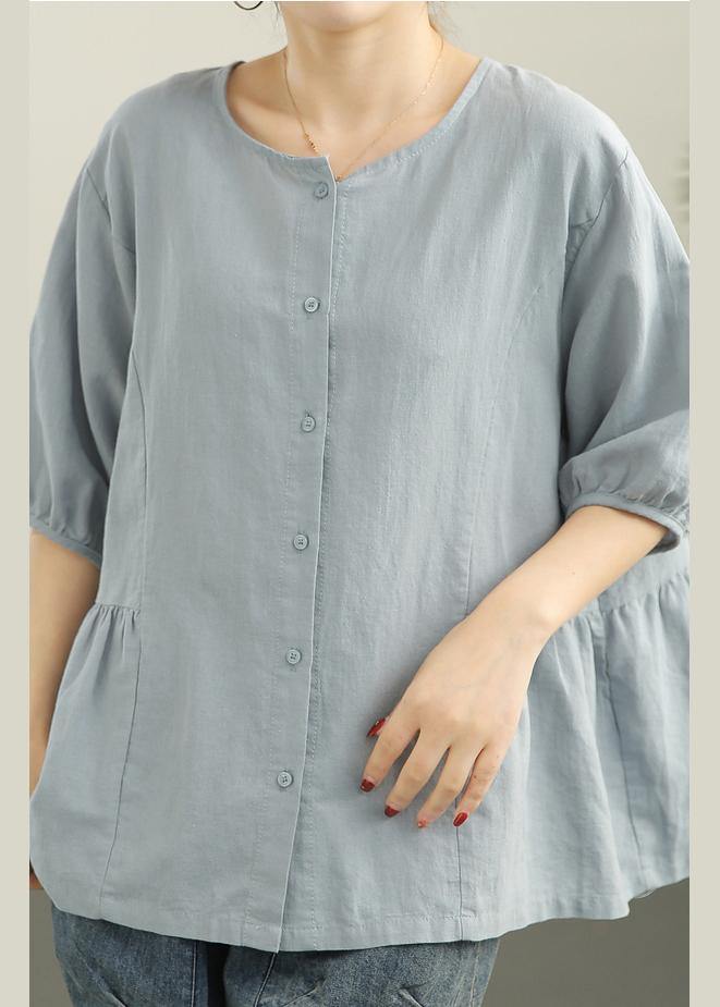 Loose Baby blue Button Linen Top Summer