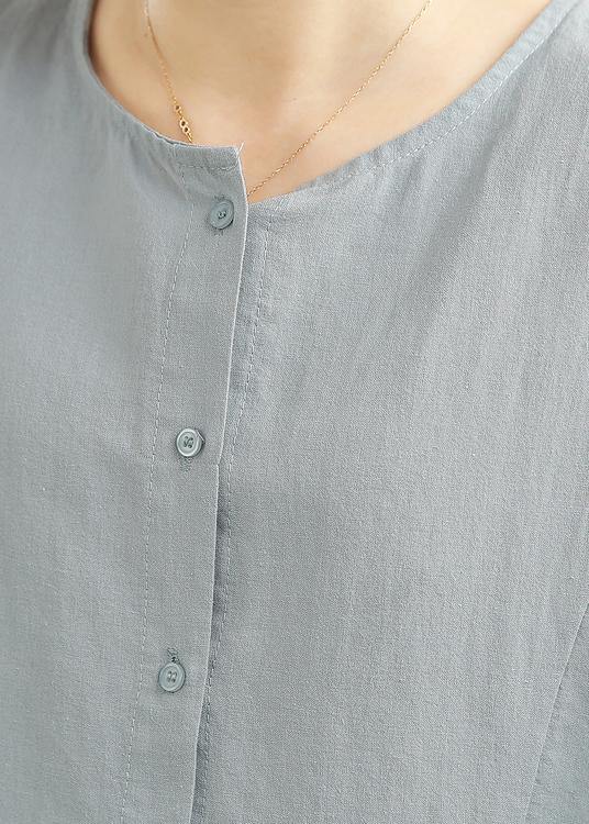 Loose Baby blue Button Linen Top Summer