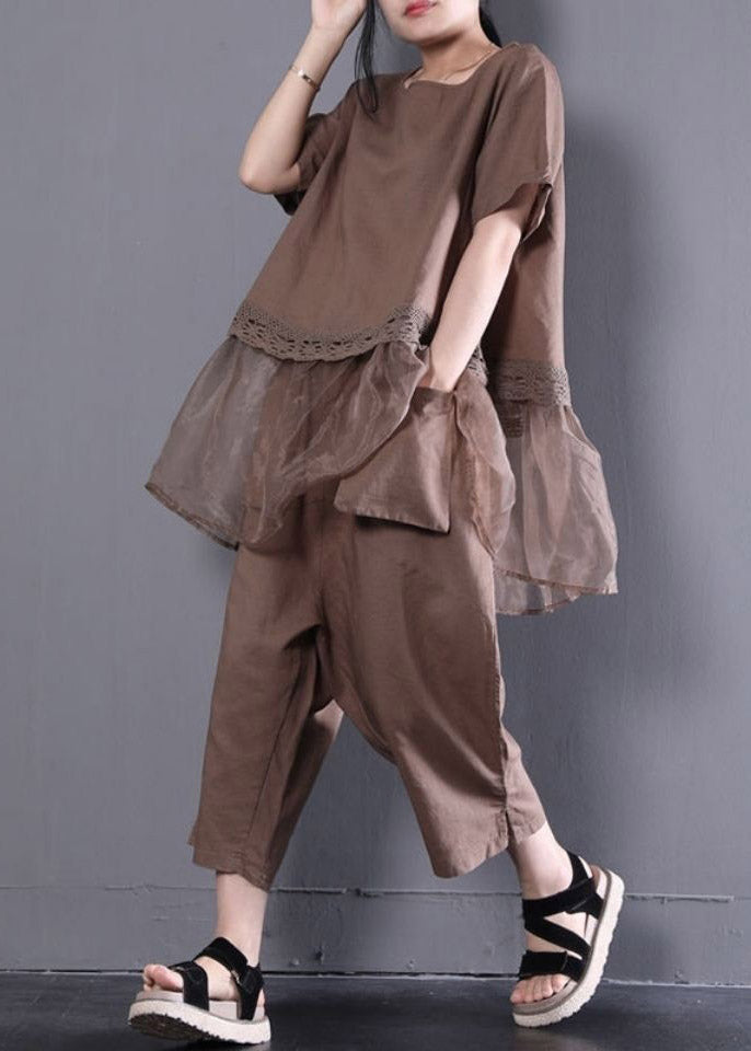 Loose Baggy Chocolate O-Neck Top And Crop Pants Two Pieces Set Summer