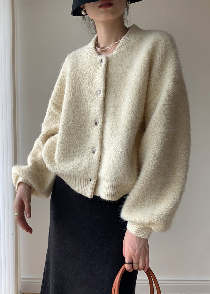 Loose Beige Button Solid Thick Wool Knit Coats Spring