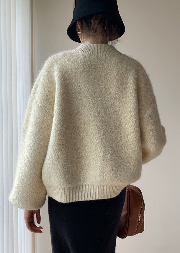 Loose Beige Button Solid Thick Wool Knit Coats Spring