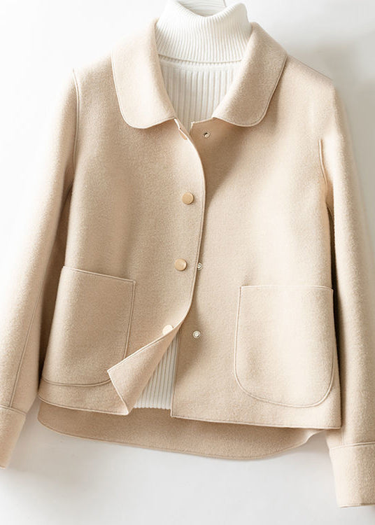 Loose Beige Peter Pan Collar Button Woolen Coats Long Sleeve