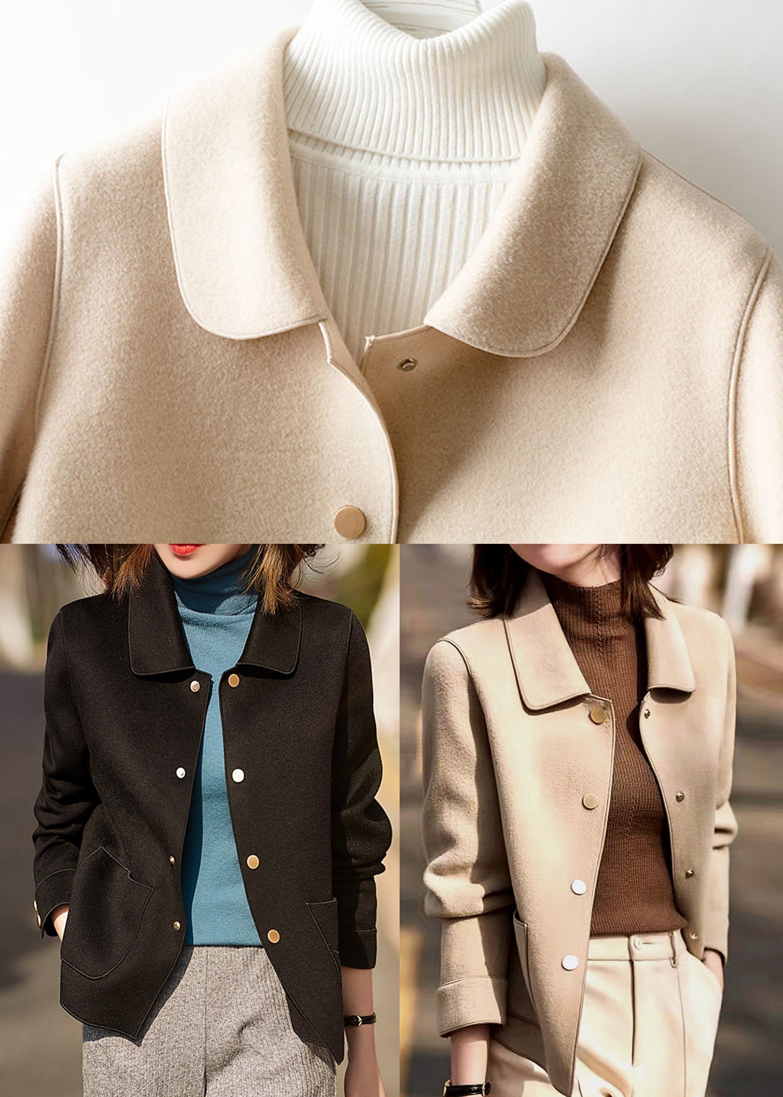 Loose Beige Peter Pan Collar Button Woolen Coats Long Sleeve