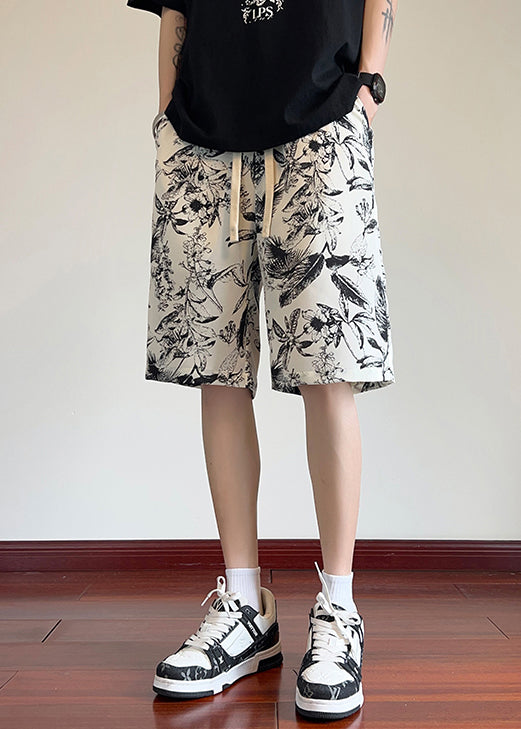 Loose Beige Print Elastic Waist Ice Silk Mens Shorts Summer