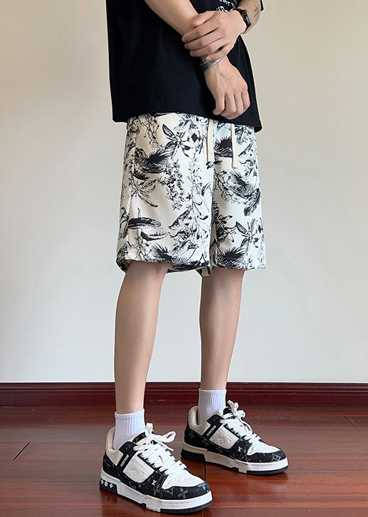 Loose Beige Print Elastic Waist Ice Silk Mens Shorts Summer