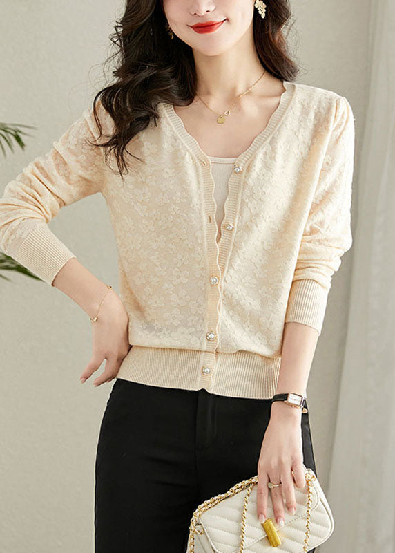 Loose Beige V Neck Knit Cardigans Long Sleeve